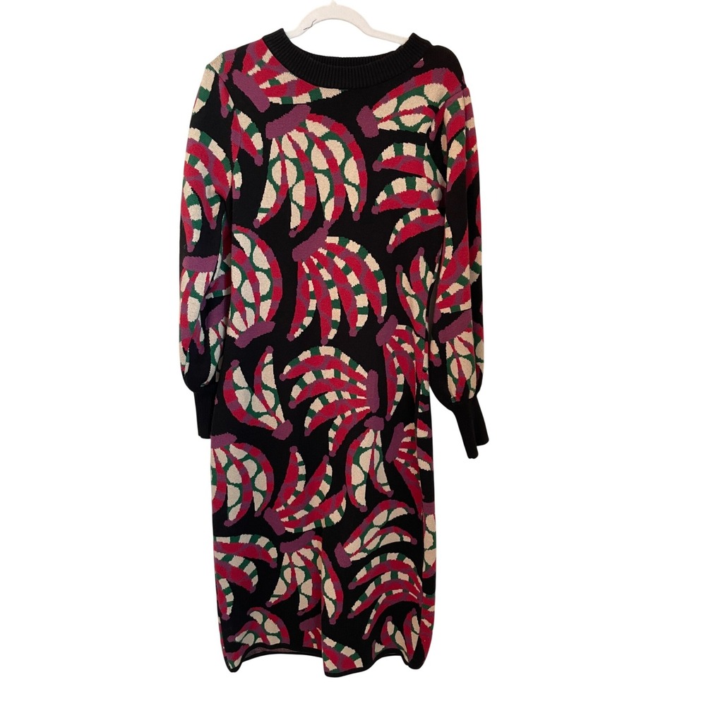 Farm Rio Banana Knit Midi Sweater Dress Black Multi Bishop Sleeve Size L